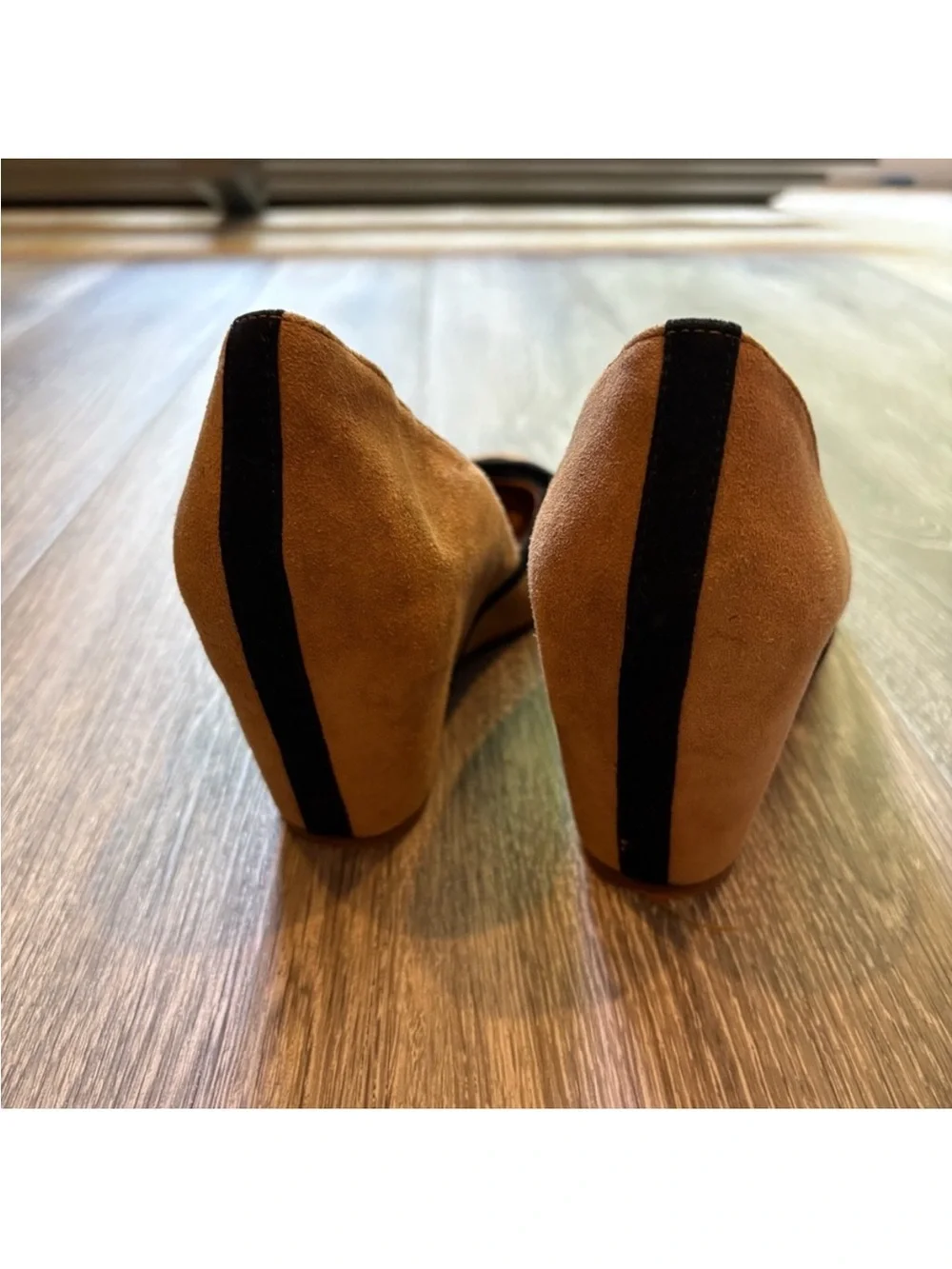 Jeffrey Campbell Tan Suede Wedges with Black Bow Accent